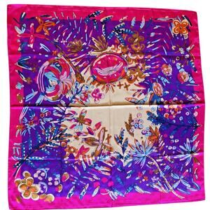 Silky Feel Scarf Satin Finish Bandana Pink & Blue Floral Modern Art 36” Square